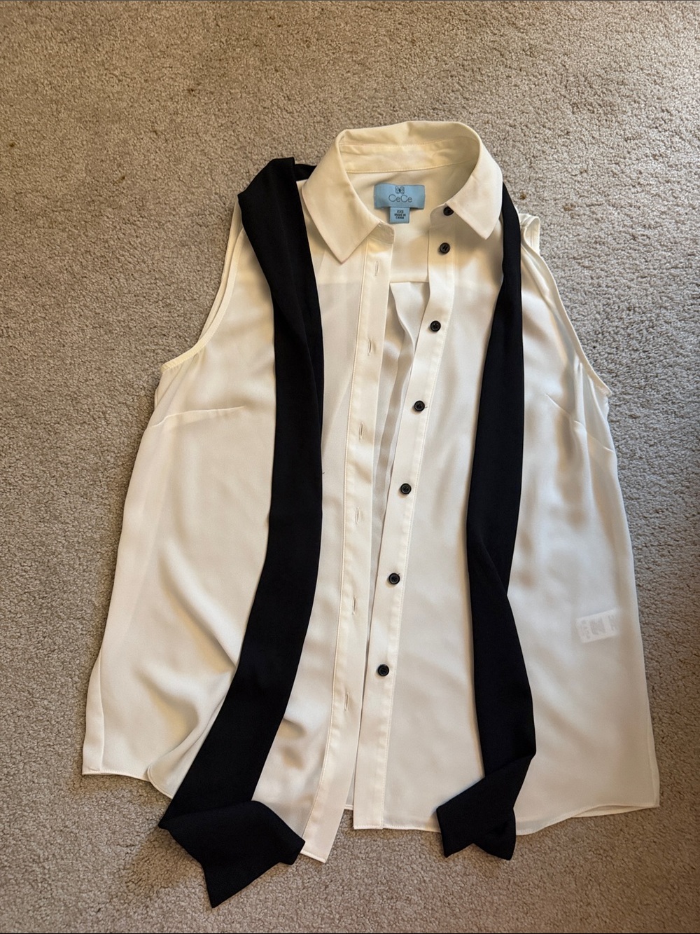 CeCe Cream Sleeveless Button-Up Blouse with Black Tie Accents
